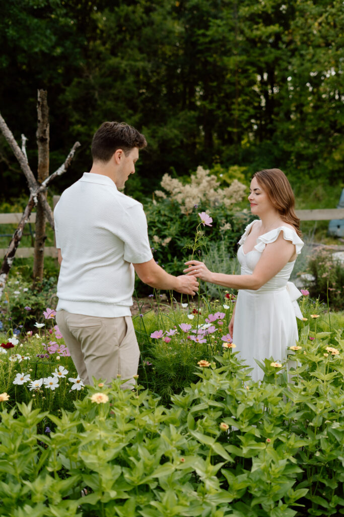 Couple picking flowers during Miss Millie’s Flower Farm engagement session in Manitoba surrounded by summer blooms.